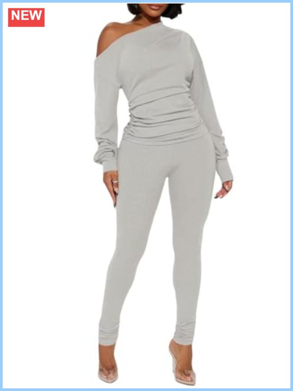 Ribbed Knit Two Piece Tracksuit One Shoulder Top Pant Set Clubwear